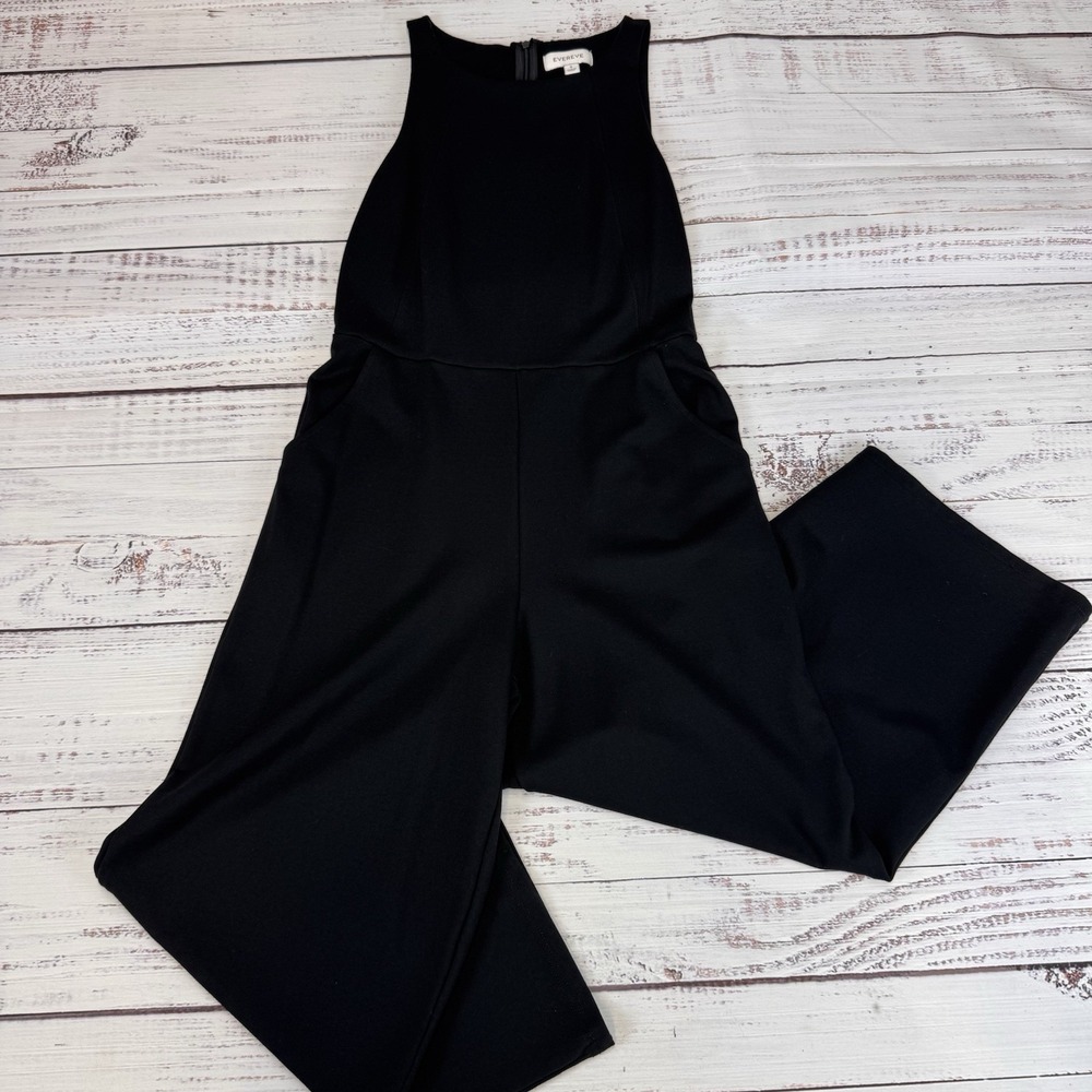 Evereve Jumpsuit Women Small Black Excellent‎ Wide Leg Halter Sleeveless Pockets